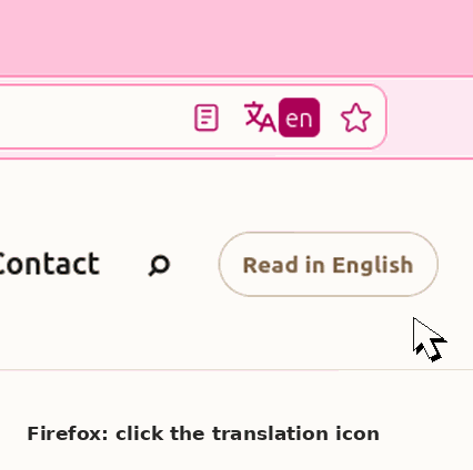 Animated demonstration showing the pointer moving to Firefox's translation icon.