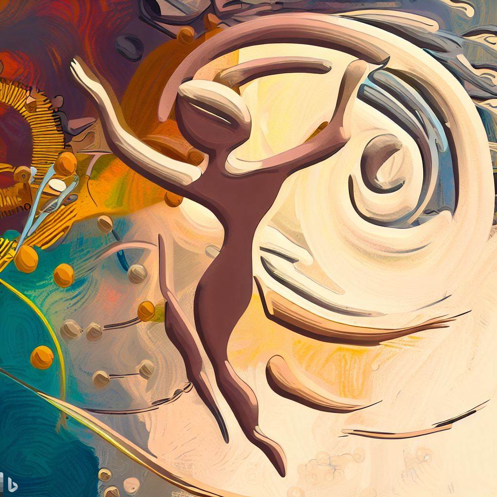 Uma ilustração de uma pessoa dançando com movimentos complexos e graciosos, representando os ‘Movimentos Sagrados’ de Gurdjieff. Ao redor da figura dançante, imagens abstratas e coloridas simbolizam a imaginação que transcende a consciência comum