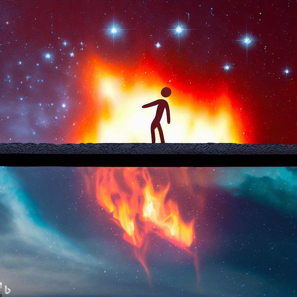 Uma imagem de um céu estrelado acima e um inferno ardente abaixo, divididos por uma linha fina. No meio, uma figura humana equilibra-se na linha, simbolizando a escolha entre usar a imaginação para criar um ‘céu’ ou um ‘inferno’